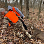 Two hunters using orange Buck Cuffs to drag a whitetail buck through the woods
