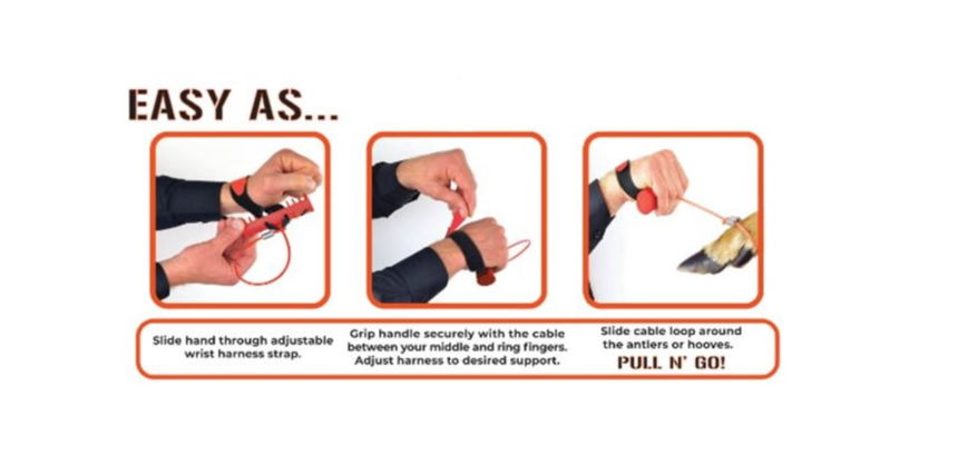 Three-step instructions showing how to wear Buck Cuffs and attach the cable loop to deer anglers