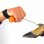 Hunter gripping an orange Buck Cuffs handle with the black wrist strap secured around the wrist
