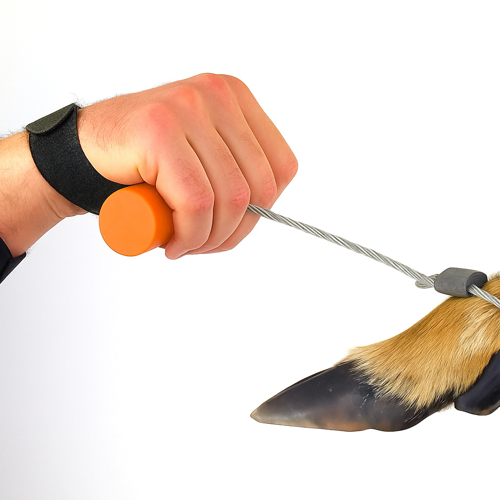 Hunter gripping an orange Buck Cuffs handle with the black wrist strap secured around the wrist