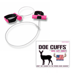 Two pink Doe Cuffs wrist-wrap deer drags with 26-inch steel cables on a white background