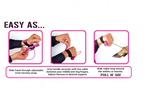 Three-step instructions showing how to wear Doe Cuffs and attach the cable loop to deer antlers or hooves
