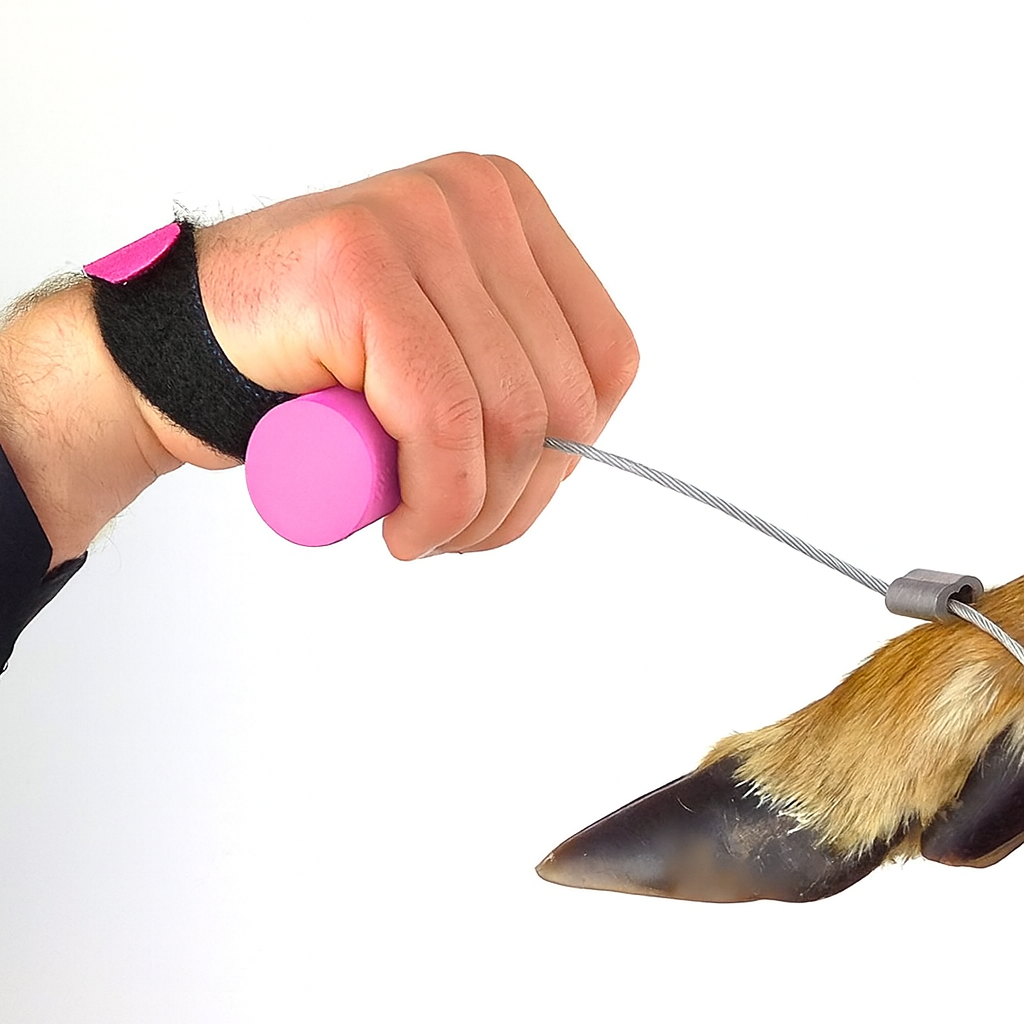 Hunter gripping a pink Doe Cuffs handle with the black wrist strap secured around the wrist