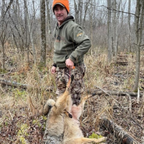 Hunter using Predator Cuffs to carry a harvested coyote through a wooded area