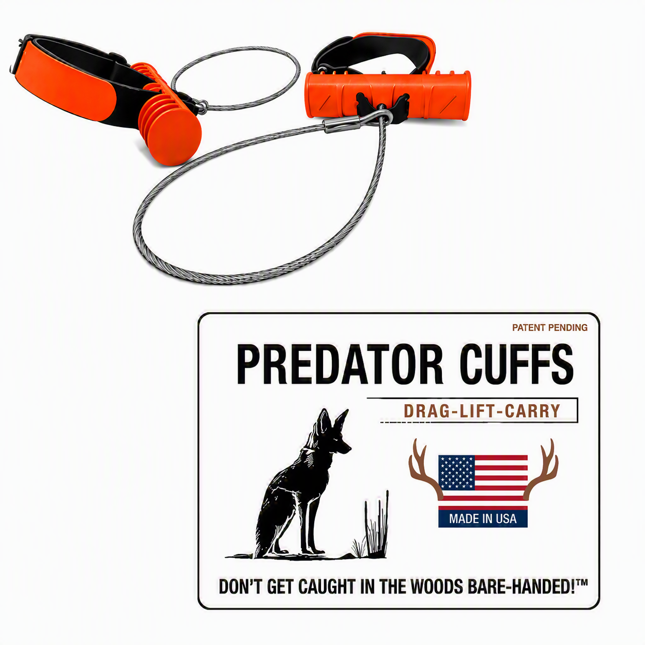Orange and black Predator Cuffs coyote drag, lift, and carry system with coated steel cable and product packaging