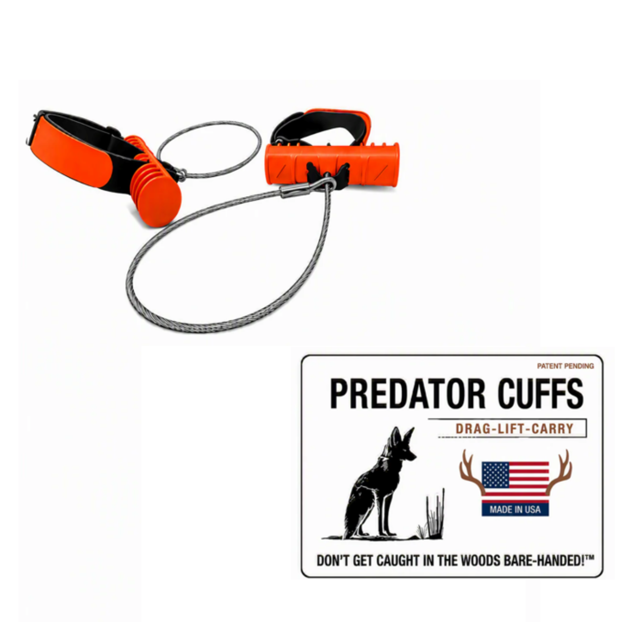 Two orange Predator Cuffs wrist-wrap game drags with 20-inch steel cable and product packaging on a white background