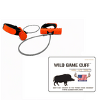 Two orange Wild Game Cuffs wrist-wrap hog drags with steel cables and product packaging on a white background
