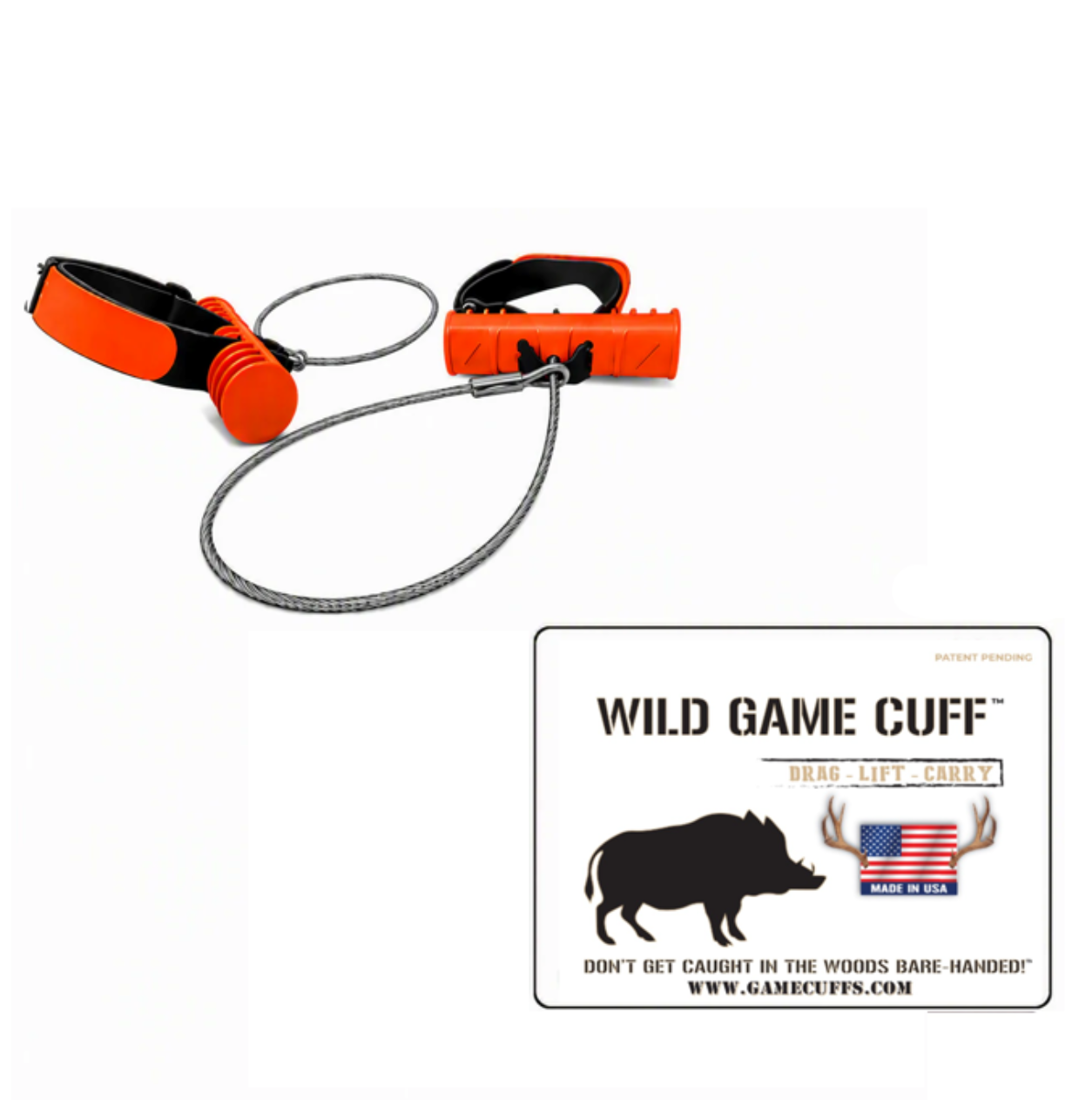 Two orange Wild Game Cuffs wrist-wrap hog drags with steel cables and product packaging on a white background